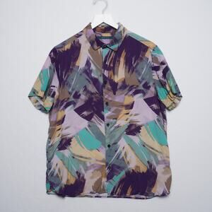 Perry Ellis Abstract Art Shirt Sleeve Shirt Purple‎ Green Gold Size L